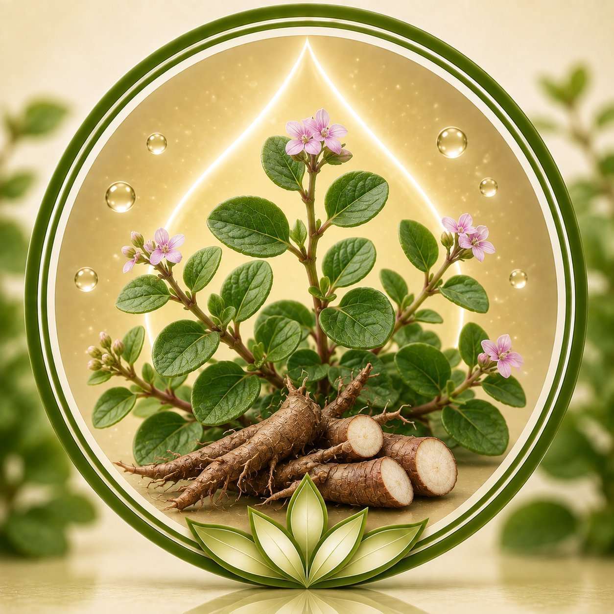 Premium Punarnava plant with roots and flowers botanical icon in Ayurvedic style.