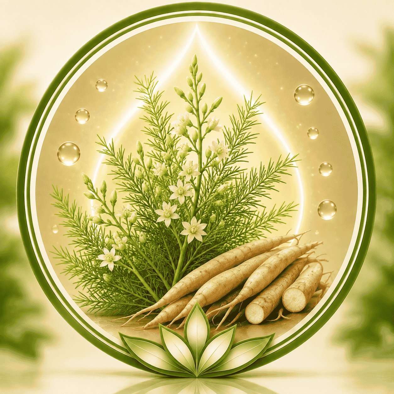 Premium Shatavari roots and foliage botanical icon in natural wellness theme.